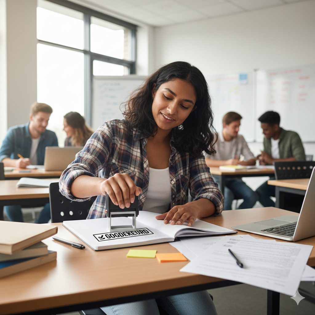 een student met een stempel